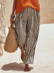 Women's Art Stylish Casual Top And Striped Pants Cotton Linen Two-piece Set