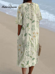 Women's Vintage Floral Art Print Pocket Linen Dress（Convertible Dress With Front And Back Option）