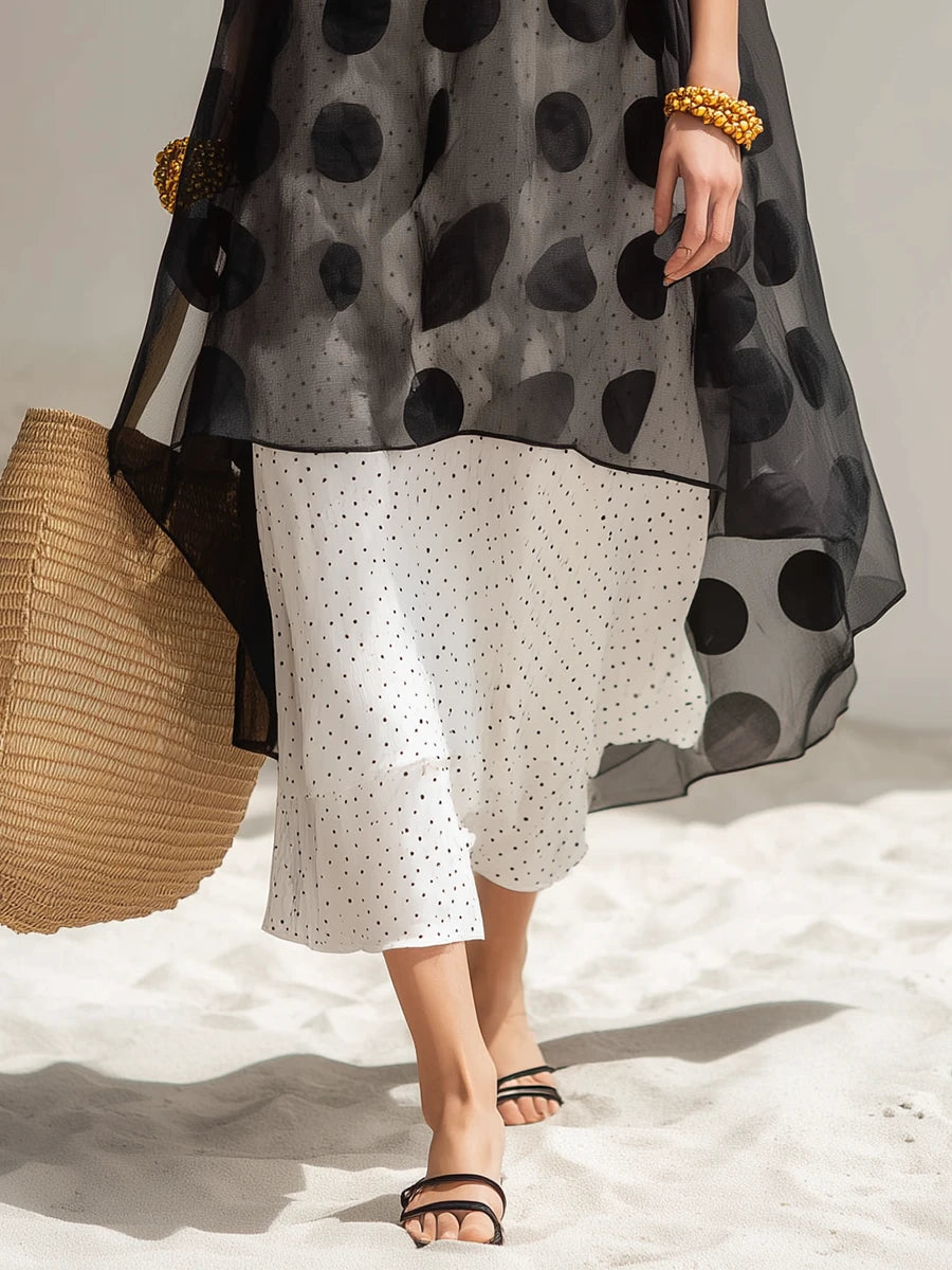 Polka-dot Double-layer Gauze Spaghetti-strap Asymmetrical Maxi Dress