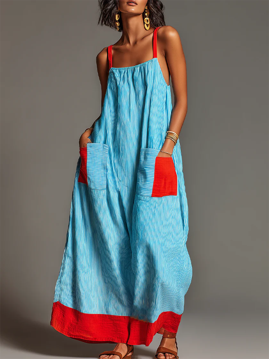 Vacation-style Color-block Striped Cotton-linen Maxi Dress