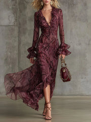 Women's Vintage Flowy Printed Casual Ruffled Dress