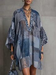 Blue Patchwork Print Sheer Kaftan Tunic Dress