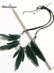 Multilayered Leaf Crystal Leather Cord Necklace