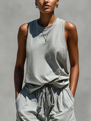 Light Gray Washed Cotton Crew Neck Sleeveless Tank Top & Drawstring Elastic Waist Multi-pocket Cargo Cropped Pants Set