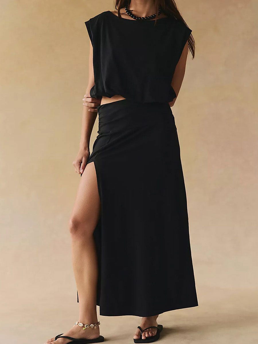 Women's Solid-color Casual Vacation Two-piece Set: Slit Skirt & Sleeveless Shirt
