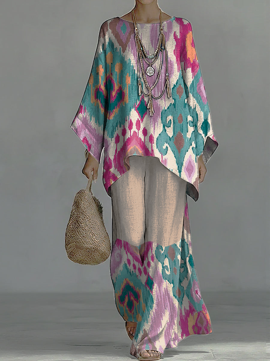 Bohemian-style Color-block Ombré Batwing Top + Linen-look Wide-leg Pants Two-piece Set
