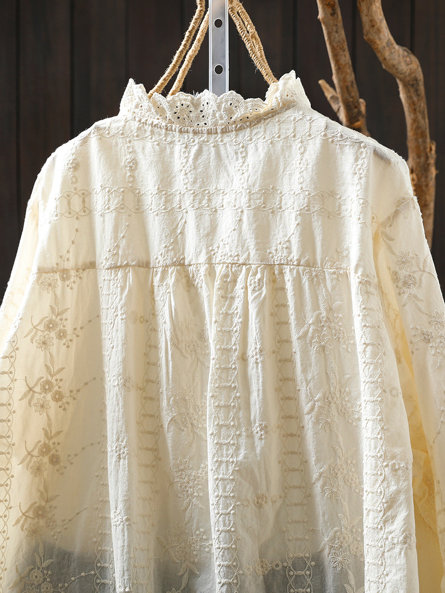 Plus Size Women Winter Artsy Stand Collar Embroidery 100%Cotton Shirt