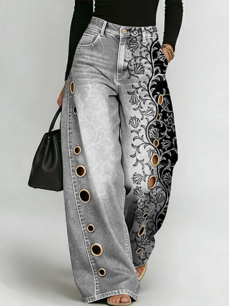 Women's Retro Floral Art Print Casual Stylish Hollow Denim Pants
