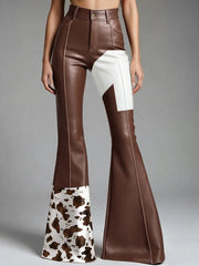 Western Cow Pattern PU Leather High Waist Bell Bottom Pants