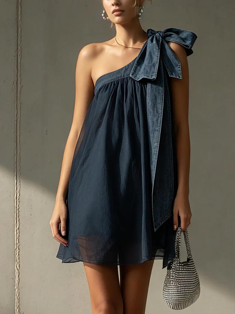 Dark Denim Blue One-Shoulder Bow Chiffon Overlay Mini Dress