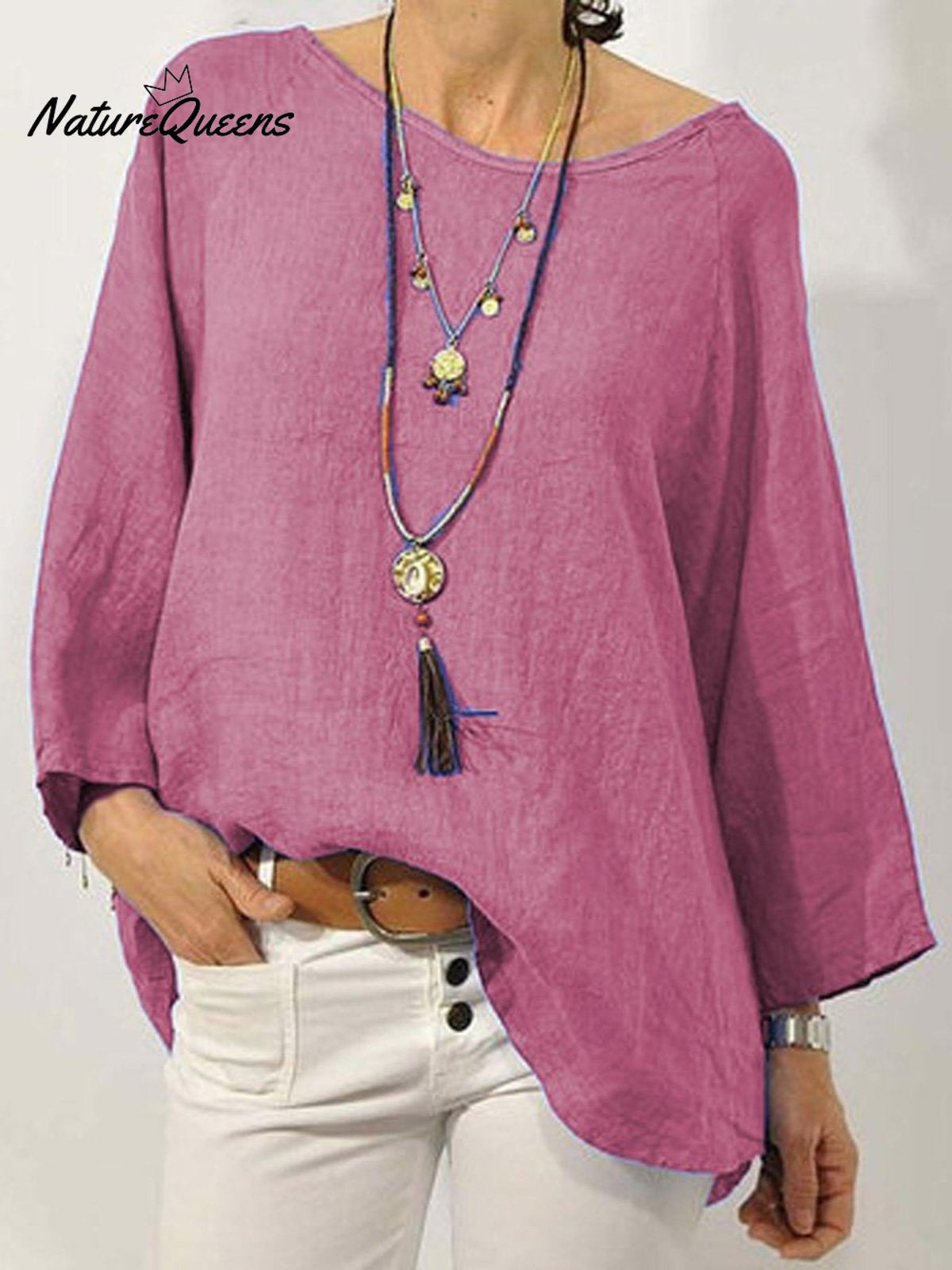 Women's Solid Colour Cotton And Linen Round Neck Ninth Sleeve Blouse