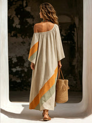 Off-white & Contrast-trim Linen-blend Off-the-shoulder (bardot) Loose-fit Maxi Dress