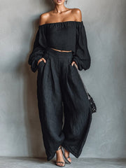 Cotton Casual Plain Wide Leg Pants