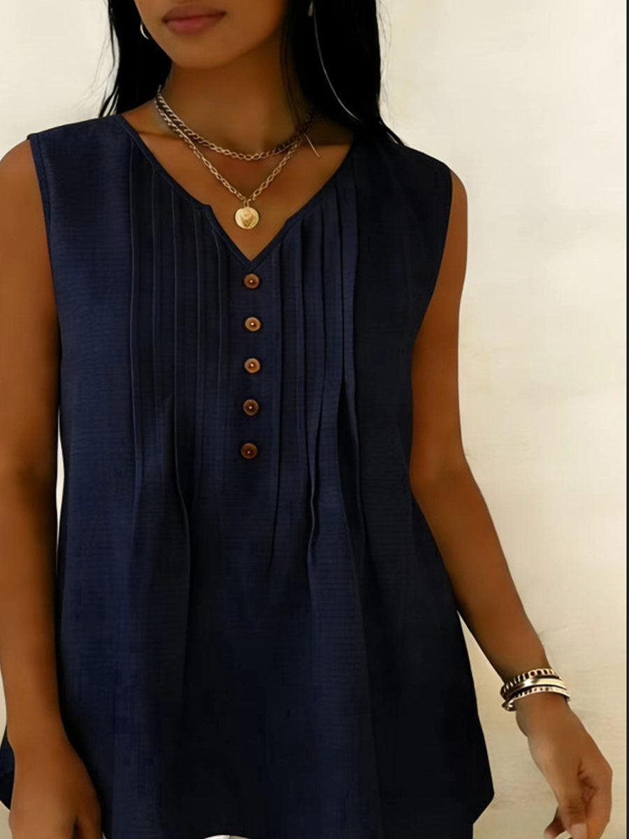 Women's V-neck Pleated Solid-color Sleeveless Top