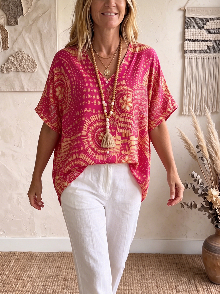 Boho Vintage Print V-neck Batwing Sleeve Shirt