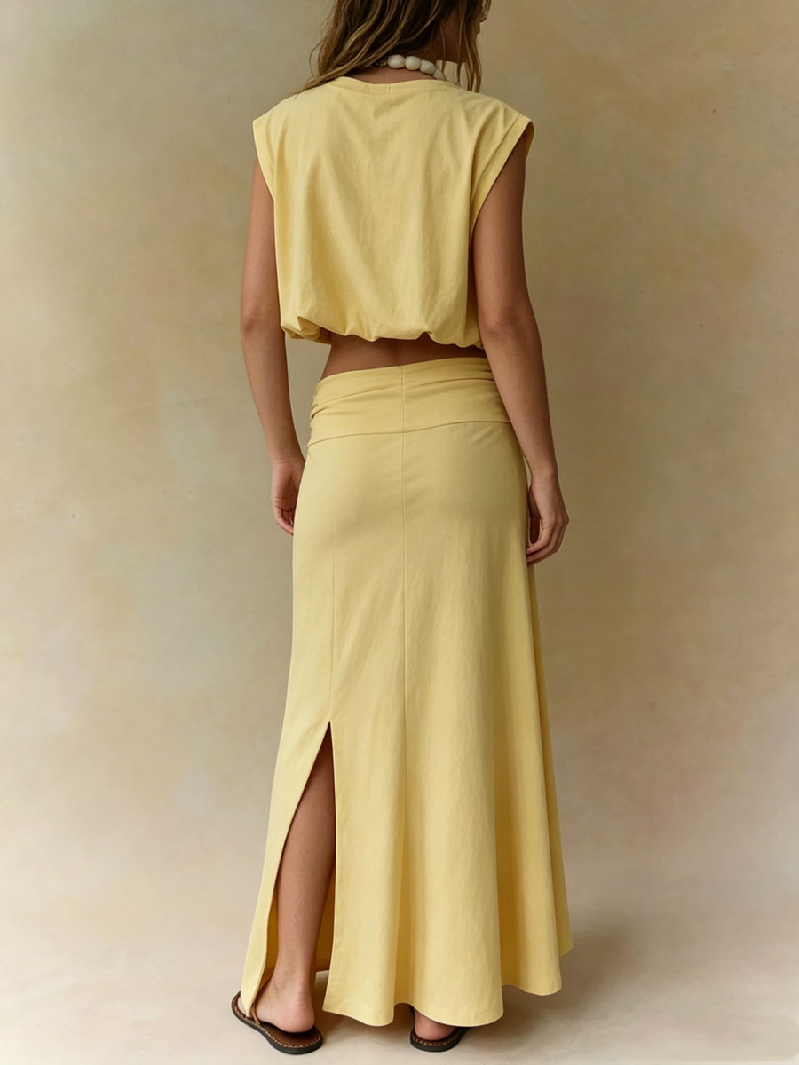 Women's Solid-color Casual Vacation Two-piece Set: Slit Skirt & Sleeveless Shirt