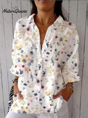 Women's Colorful Watercolor Print Casual Linen V-neck Shirt