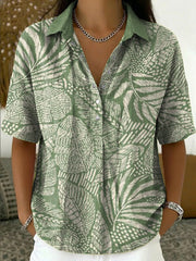 Women's Retro Botanical Line Art Print Cotton-linen Short-sleeve Shirt