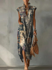 Casual Loose-fit Cotton-linen Dress With Cap Sleeves And Vintage Abstract Oil Painting Print