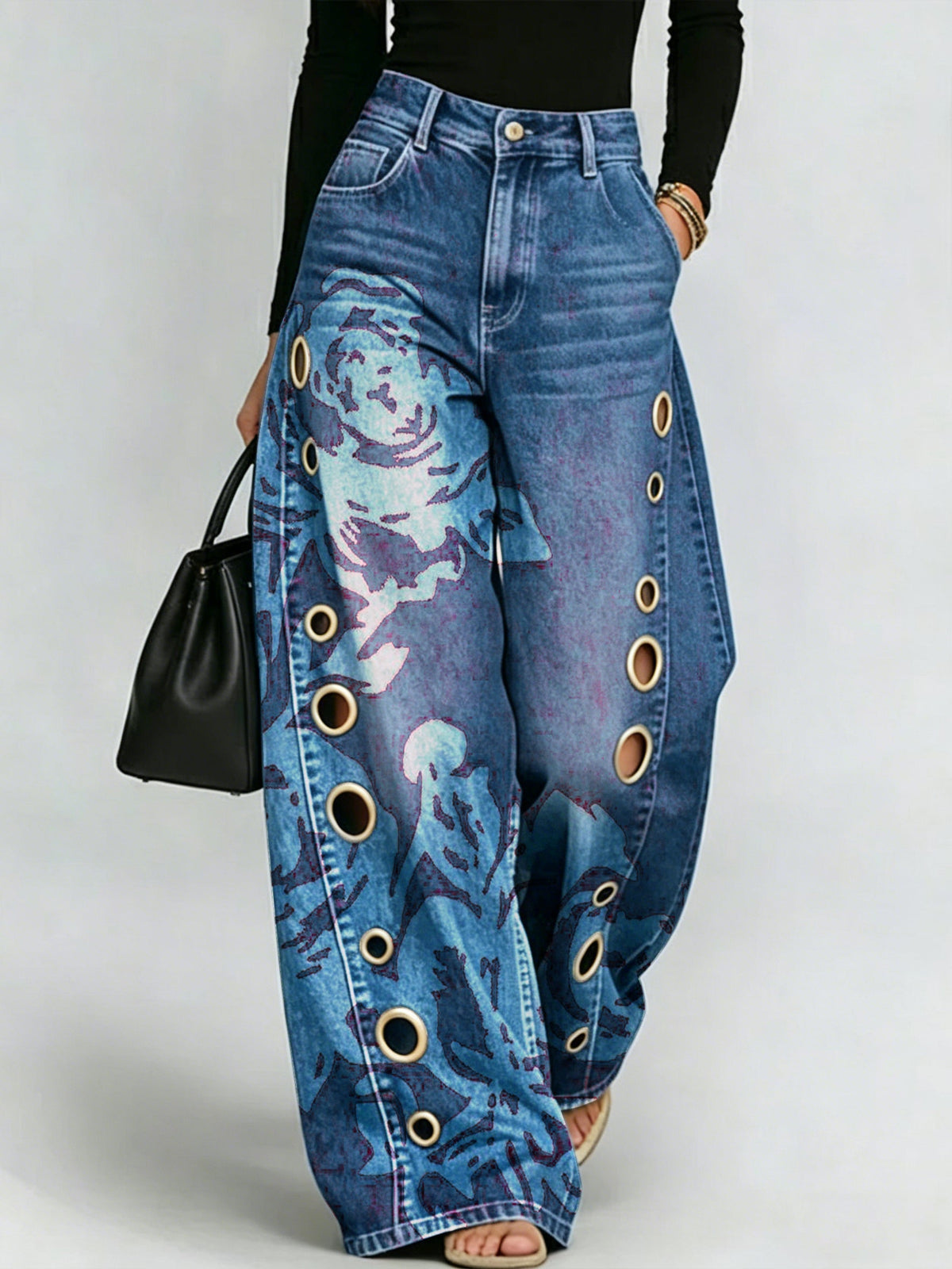 Vintage Distressed Rose-print Wide-leg Pants — High-waisted, Slimming Straight-leg Jeans With Side Slits