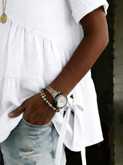 Women's Round Neck Cotton Linen Solid Color Loose Short-sleeved Shirt – Side Tether