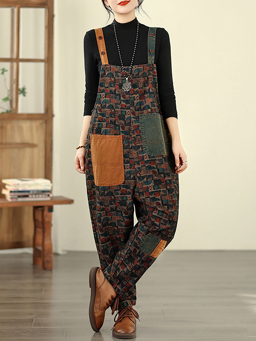 Women Vintage Patchwork Cotton Loose Denim Jumpsuits