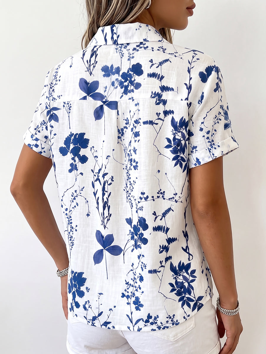 Casual Blue Floral-print Cotton-linen Shirt