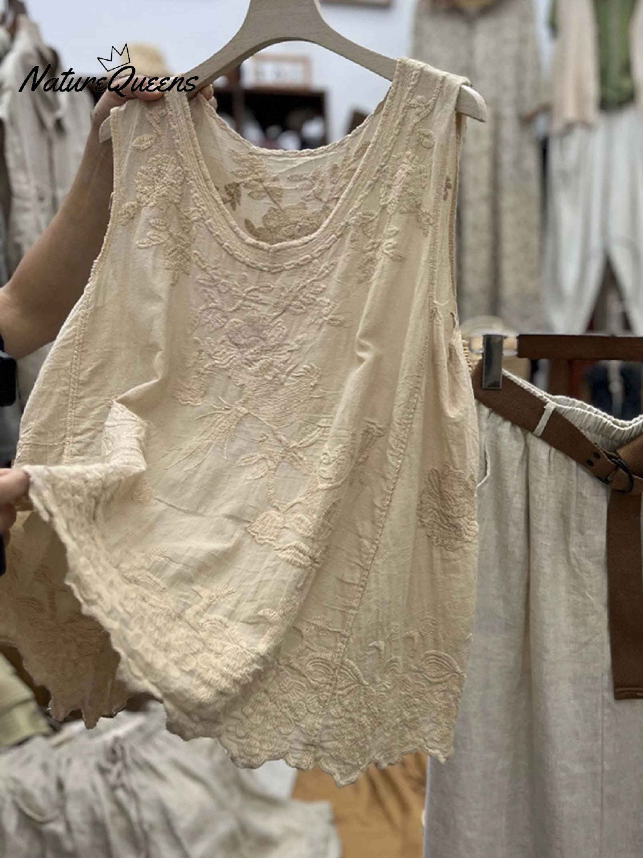 Women'sVintage Lace Sleeveless Cotton and Linen Vest Top