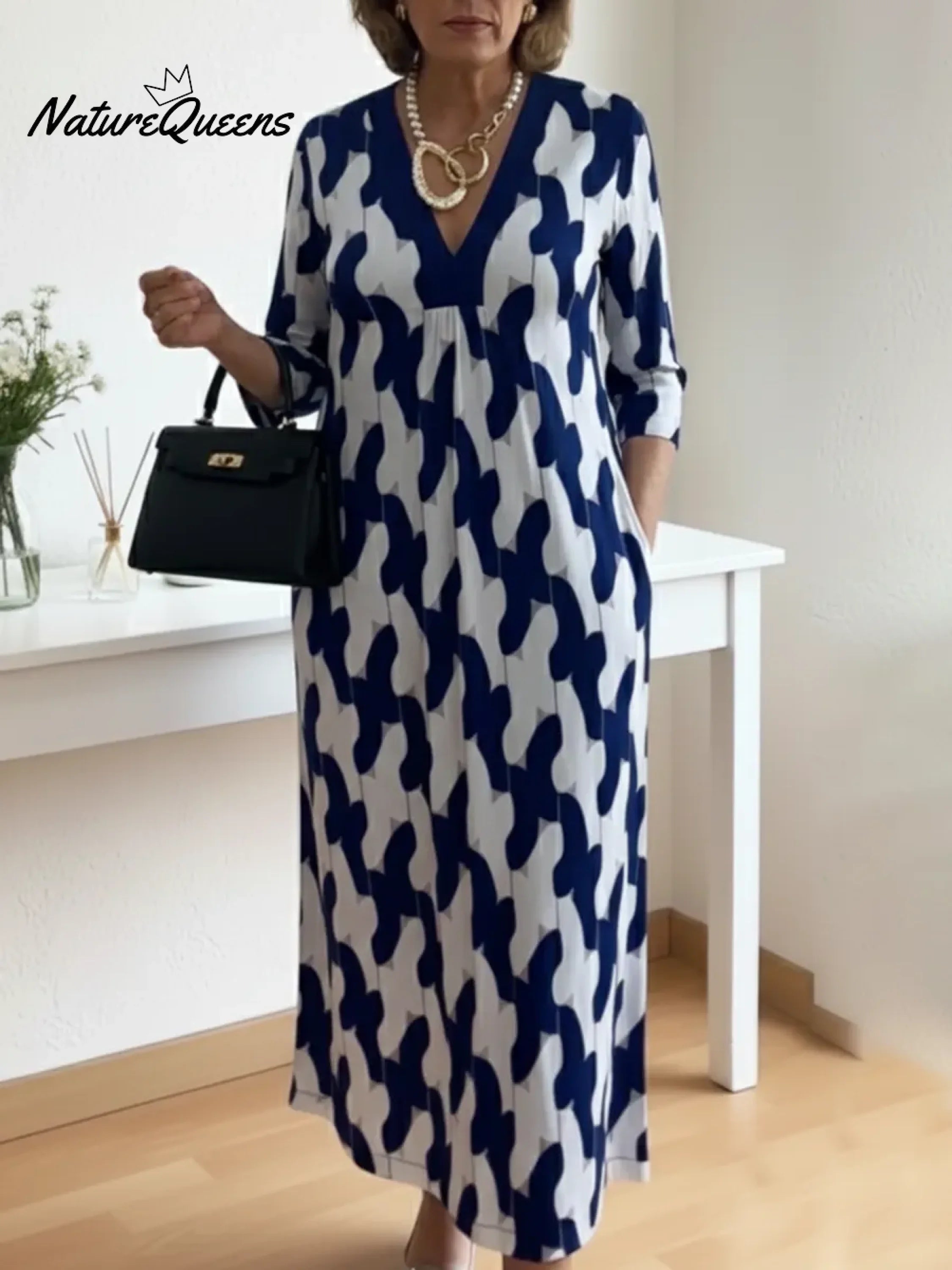 Elegant Art Print Color Block Trim V-neck Midi Dress