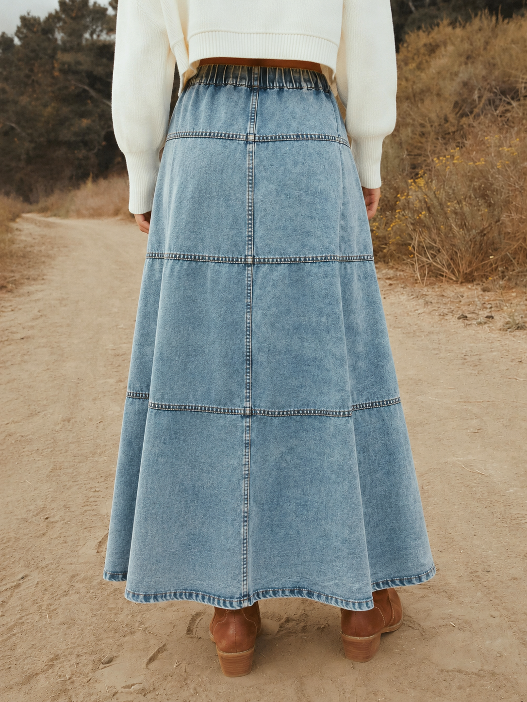 Washed Denim A-line Maxi Skirt With Elastic Waist, Button Placket, And Paneled Design