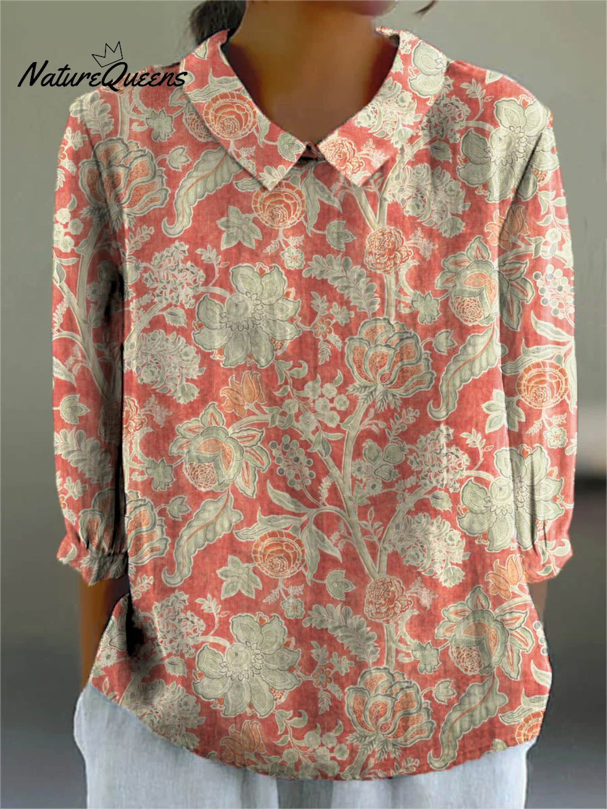 Women's Vintage Lovely Floral Art Print Casual Cotton And Linen 3/4 Sleeve Shirt