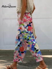Women's Vintage Floral Art Printed 100%Cotton Casual Pants