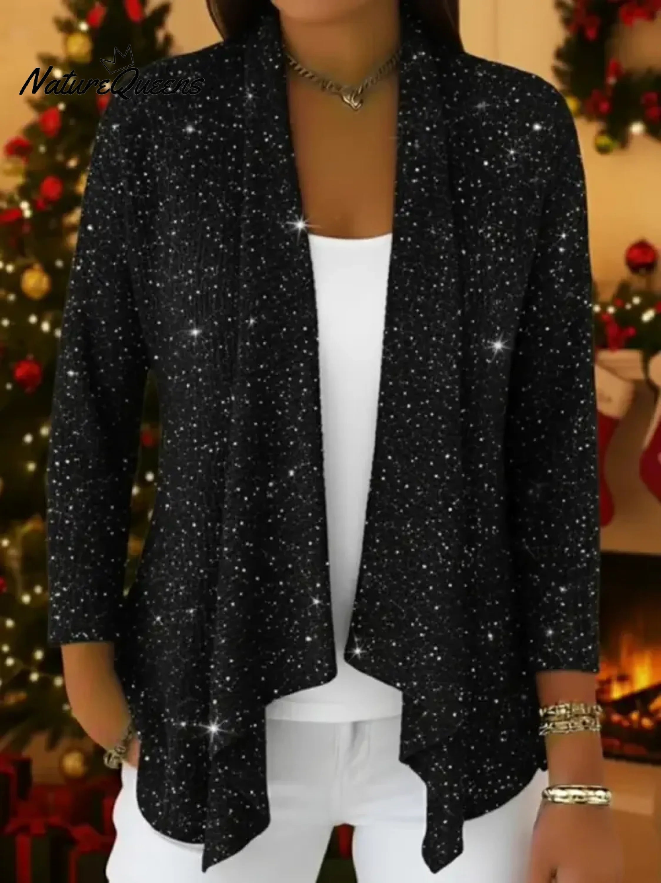 Retro-elegant Irregular Hem Shimmering Knit Cardigan