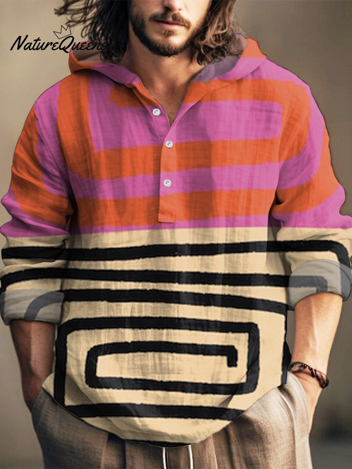 Color-block Abstract Painting Vintage Print Casual Jacquard Shirt