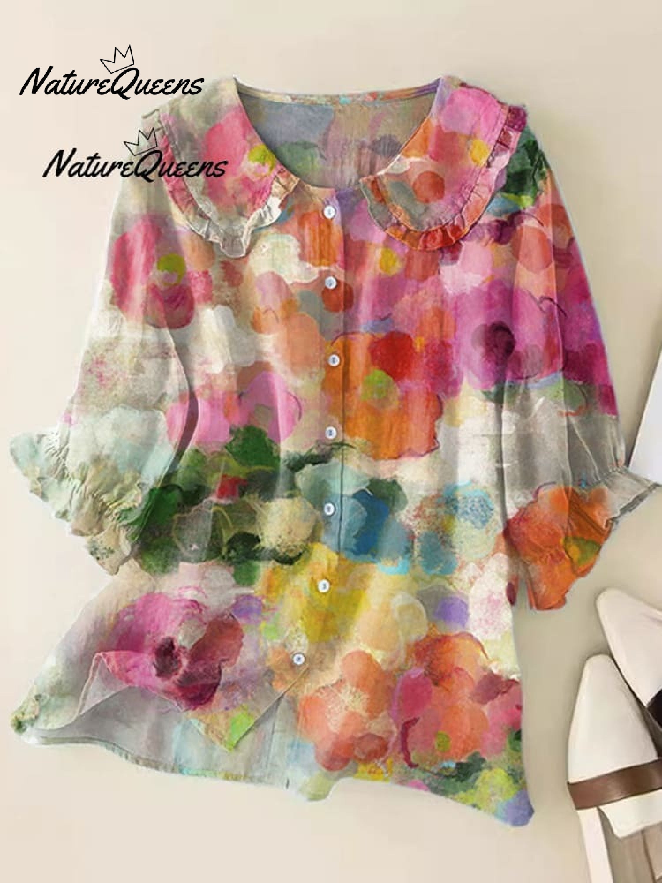 Women'sFloral Art Print Casual Cotton And Linen 3/4 Sleeve Shirt