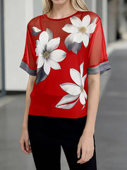 Women's Abstract Print Round-neck Short-sleeve Casual Loose Sheer Chiffon Top
