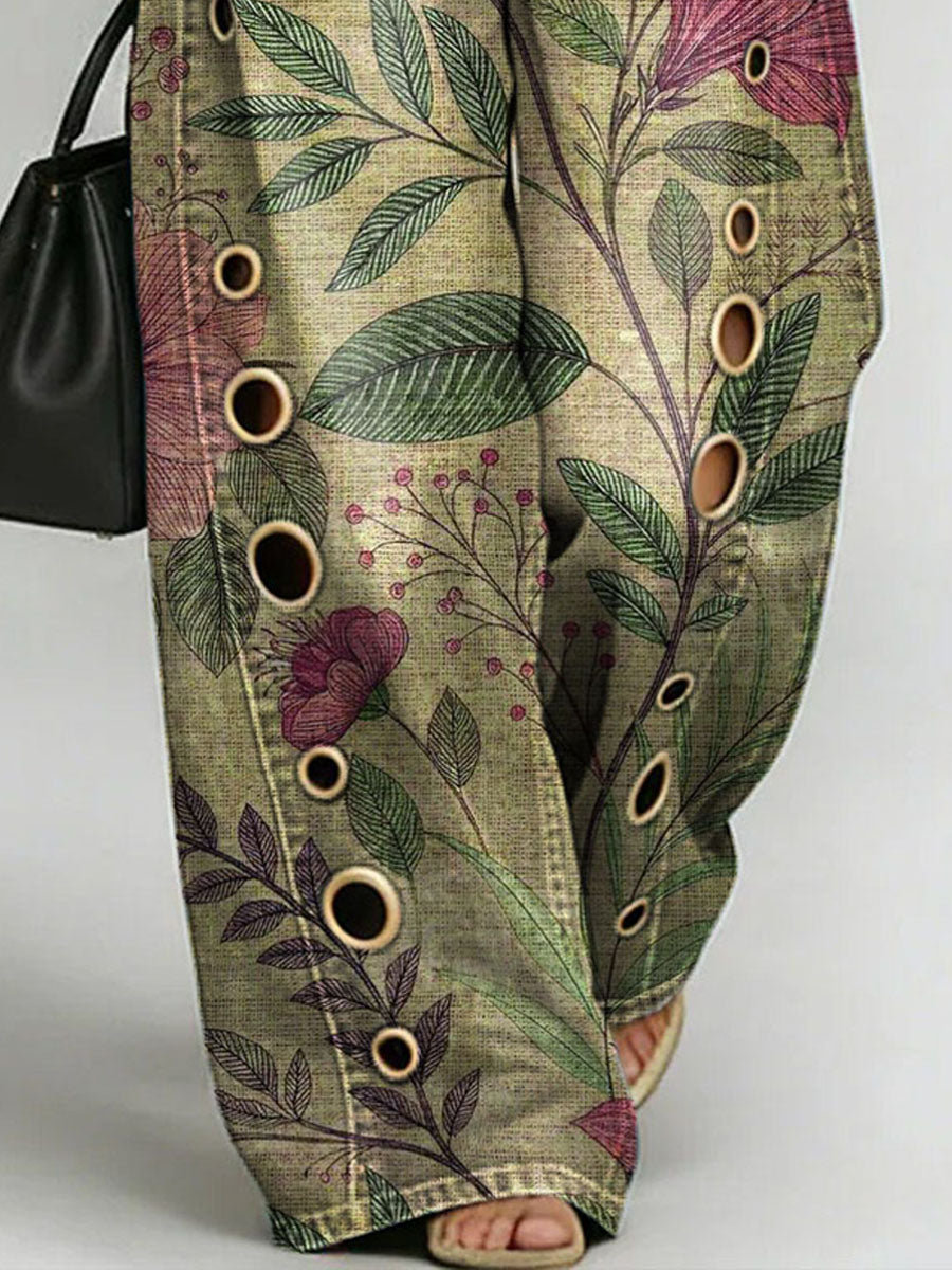 Women's Retro Flowers Print Casual Fashion Cutout Jeans