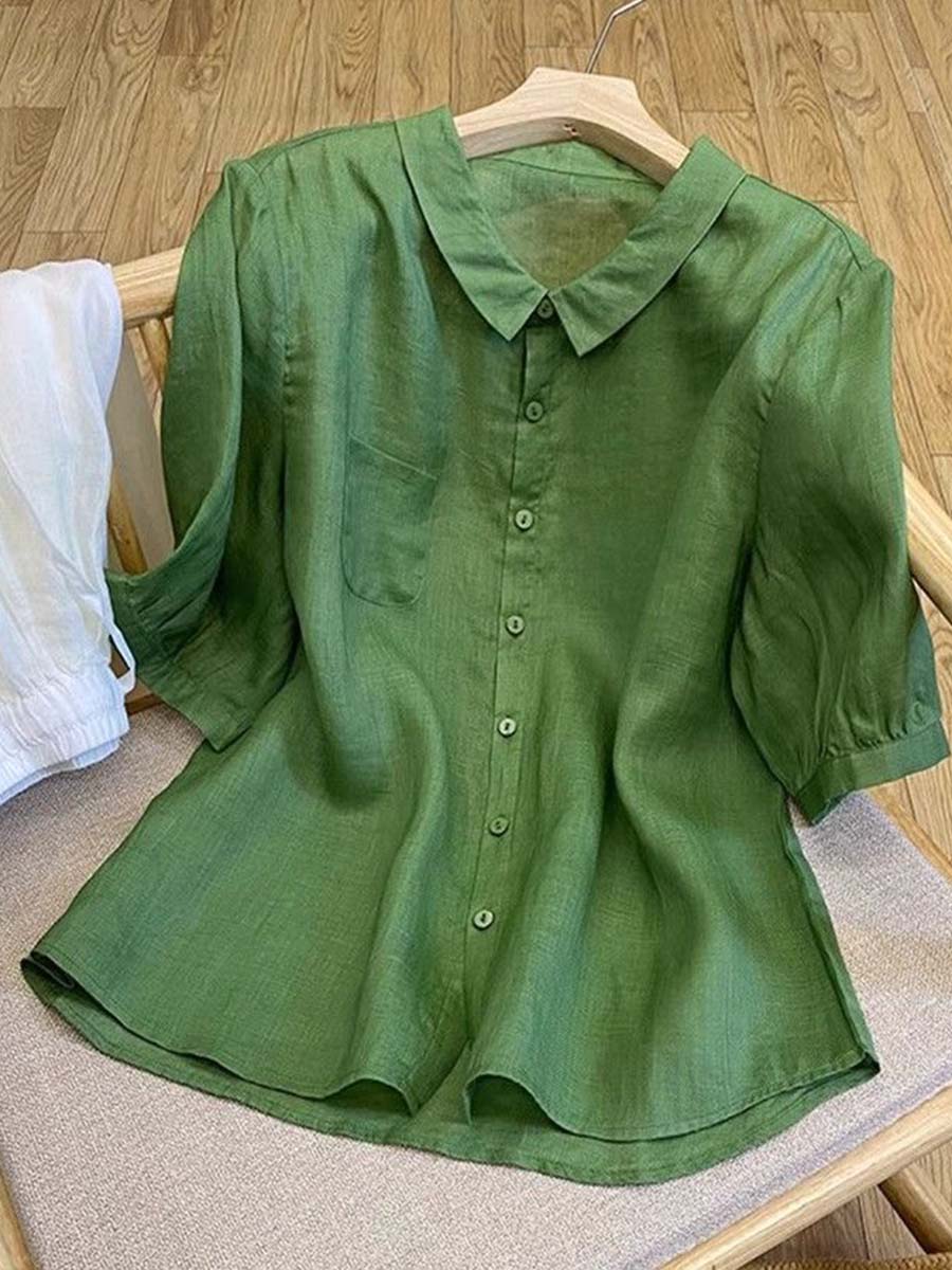 Women's Solid-color Collared Short-sleeve Casual Loose Cotton-linen Top