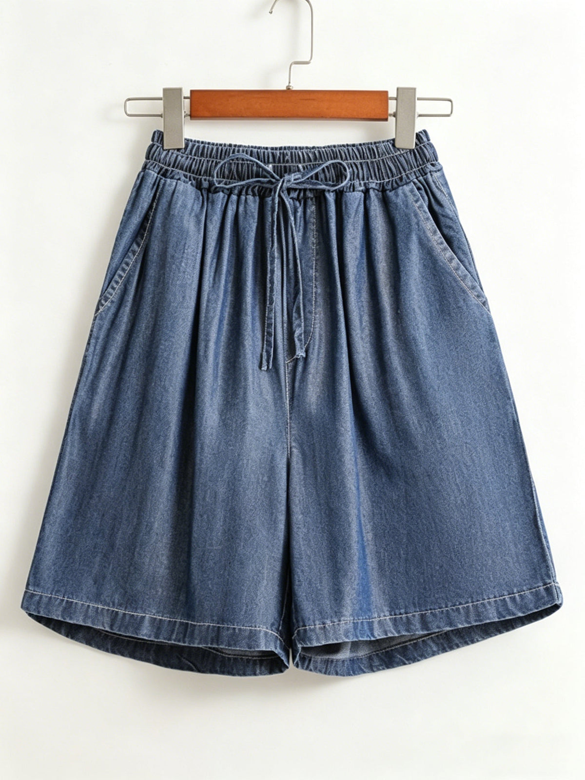 Washed Tencel Denim Wide-leg Mid-length Shorts With Elastic Drawstring Waist
