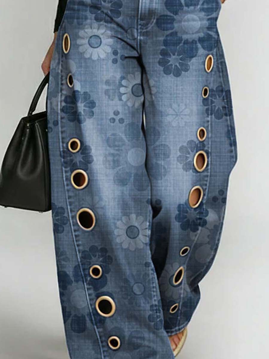 Women's Retro Floral Art Print Casual Stylish Hollow Denim Pants