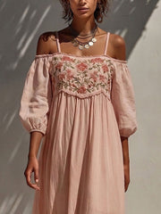 Floral Embroidered Off-shoulder Tiered Midi Dress