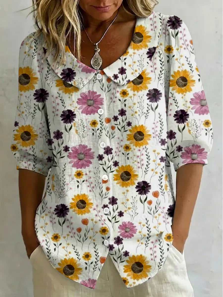 Women's Vintage Flowers Print Cotton Linen Top
