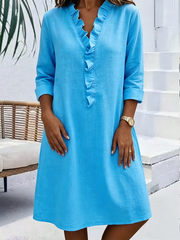 Cozy Ruffled-collar Cotton-linen Midi Dress