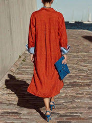 Cotton-linen Blend Loose Shirt Dress With Striped Cuffs