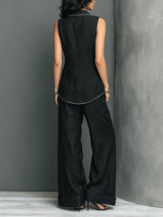 Black Textured Cotton-linen White Piping Sleeveless Blazer Vest & High-waist Wide-leg Pants Set