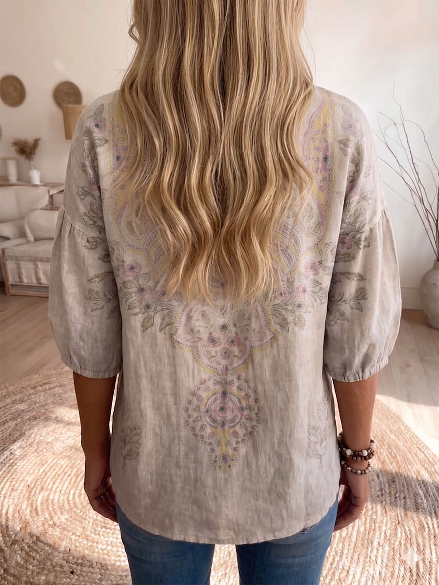 Women's Vintage-print Square-neck 3/4-sleeve Casual Loose Cotton-linen Top