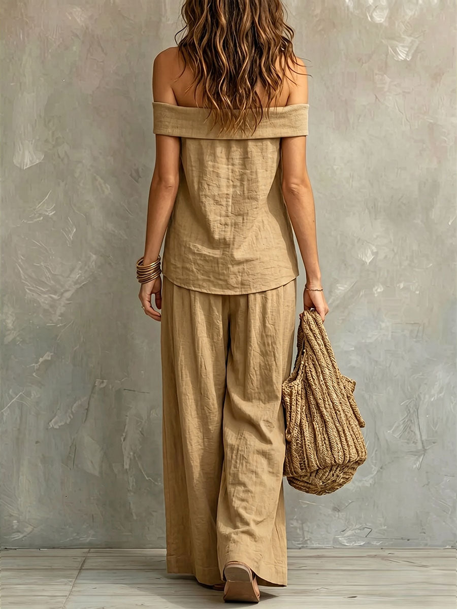Women's Off-shoulder Sleeveless Cotton-linen Top And Pants Two-piece Set