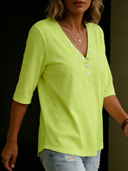 Casual V-neck Snap Button 100% Cotton T-shirt