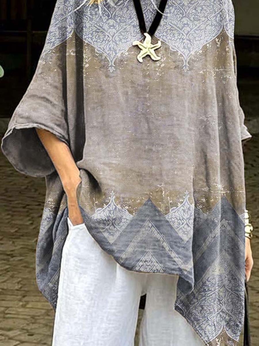Women's Retro Art Print Casual Cotton Long Shirt