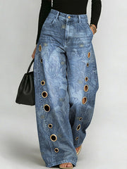 Women's Retro Flowers Print Casual Fashion Cutout Jeans